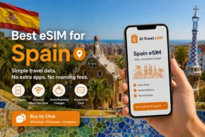 Smartphone showing a Spain travel eSIM with Barcelona scenery in the background