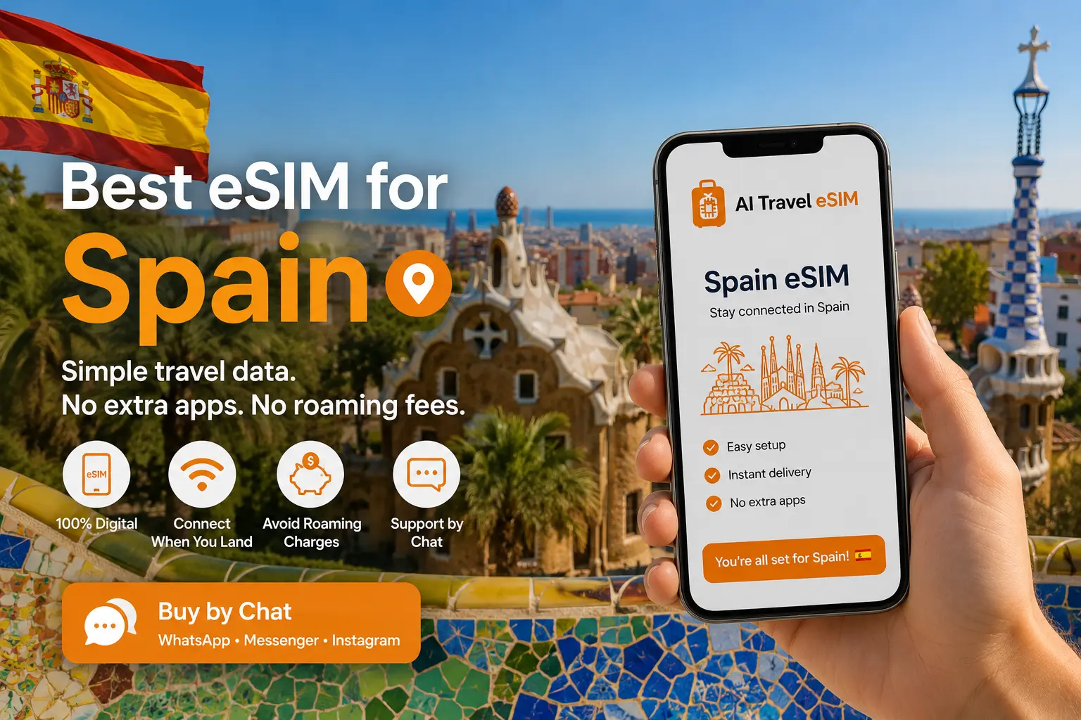 Smartphone showing a Spain travel eSIM with Barcelona scenery in the background