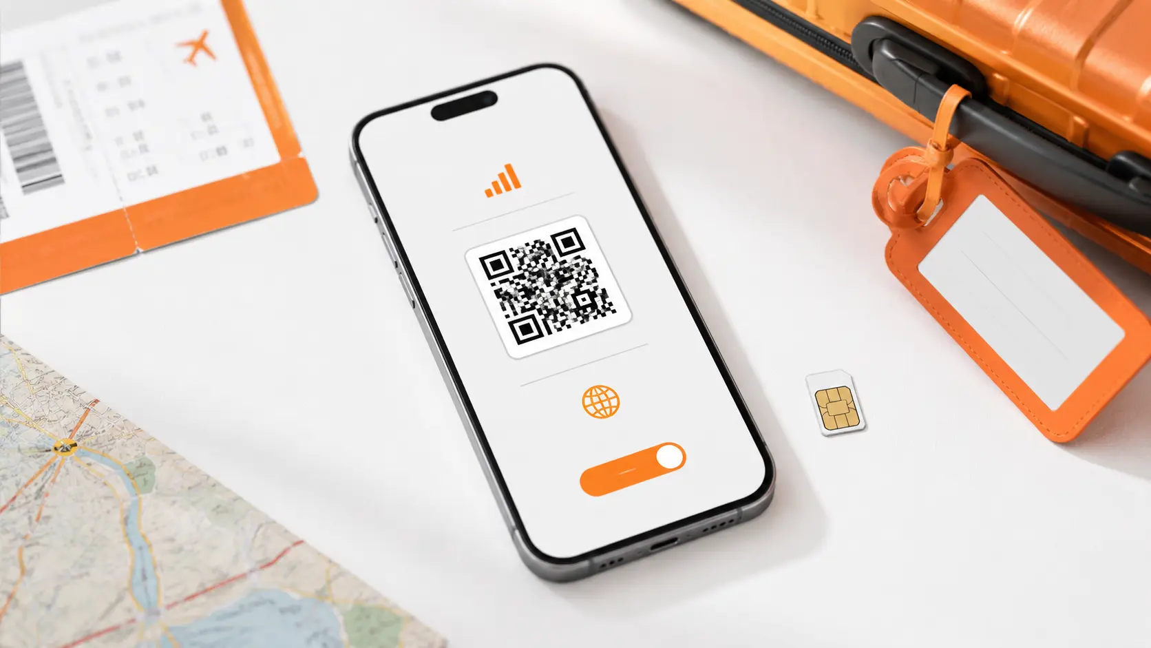 Smartphone showing a travel eSIM QR code beside suitcase and holiday documents