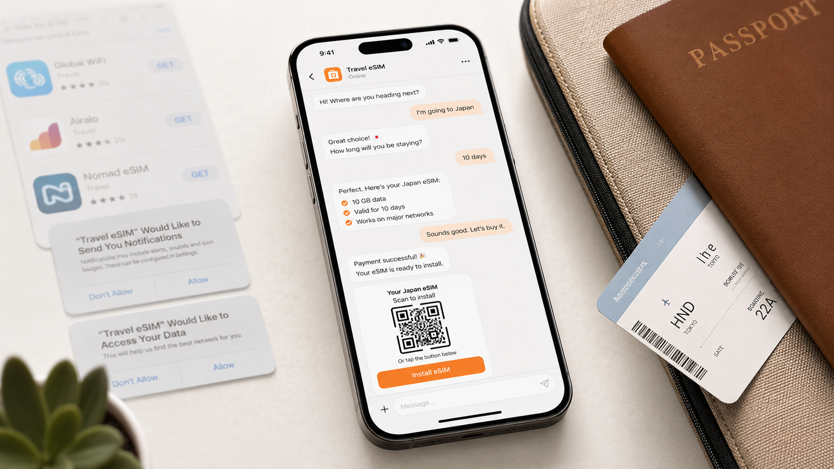 Travel eSIM chat conversation on a smartphone beside passport and boarding pass