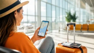 Traveller using mobile maps at the airport before going on holiday