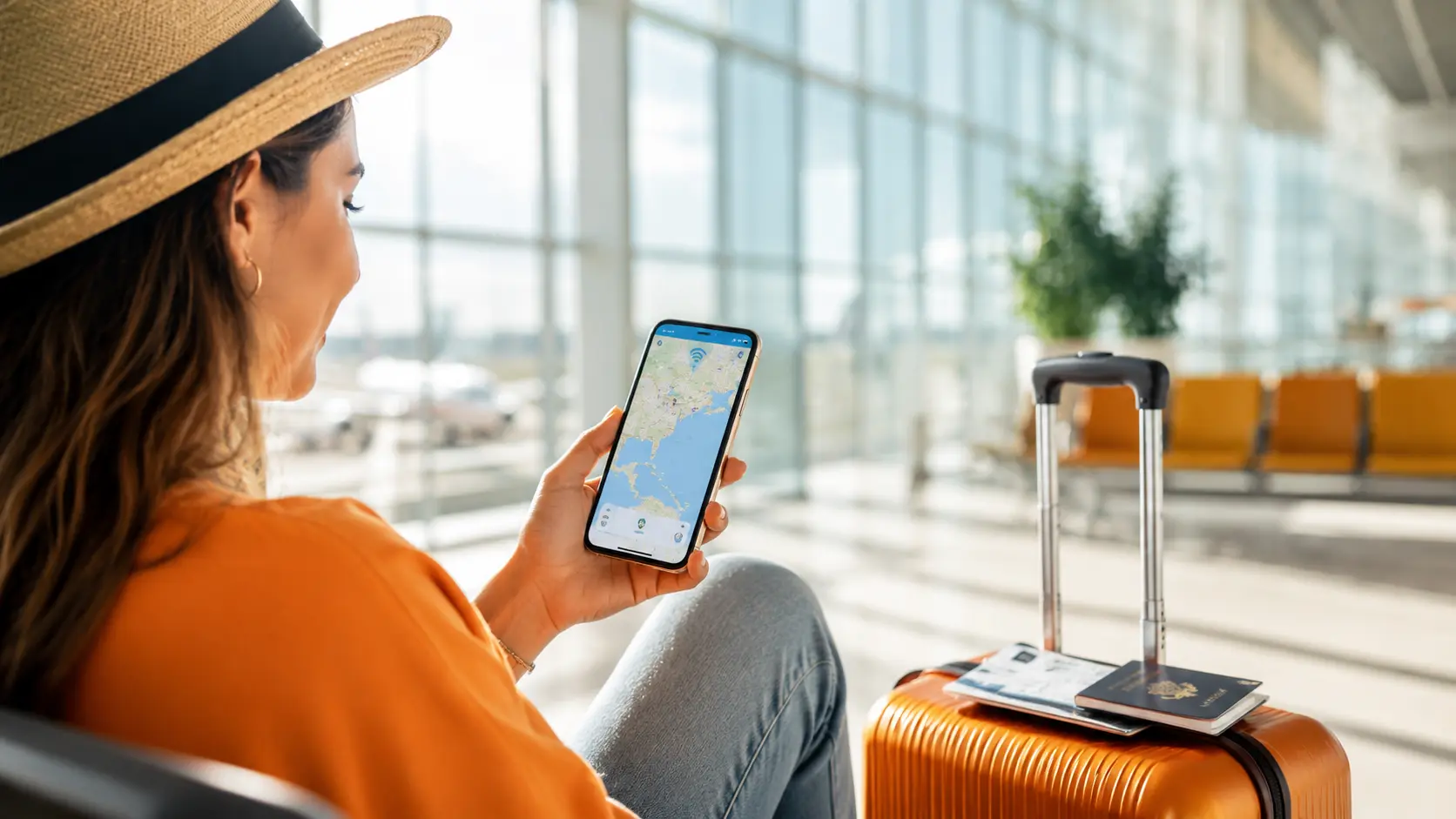 Traveller using mobile maps at the airport before going on holiday