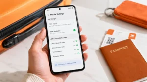 Smartphone showing eSIM compatibility settings beside travel essentials