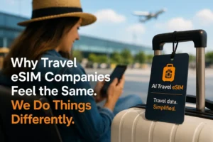 Traveller using a smartphone beside luggage with simple travel eSIM branding
