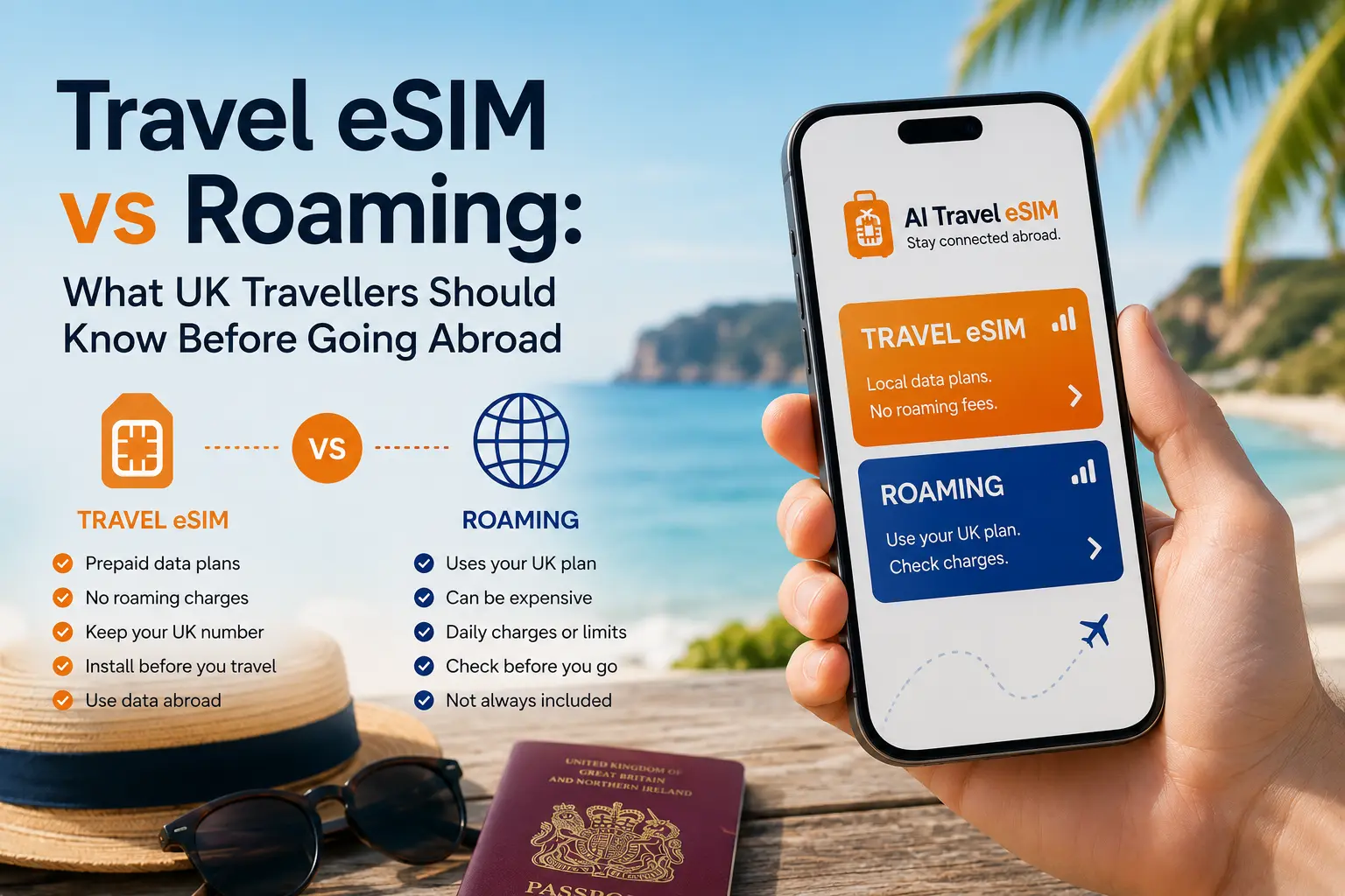 Traveller comparing travel eSIM and roaming options on a smartphone abroad