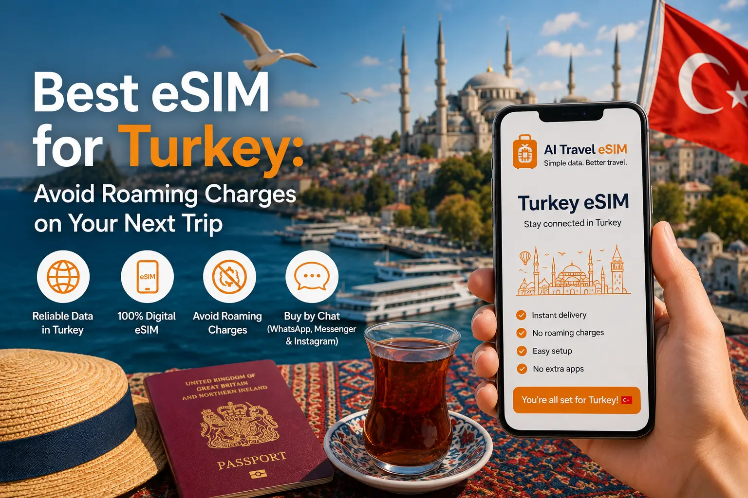 Smartphone showing a Turkey travel eSIM with Istanbul waterfront and Turkish tea
