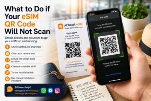 Traveller scanning an eSIM QR code on a smartphone before installing travel data