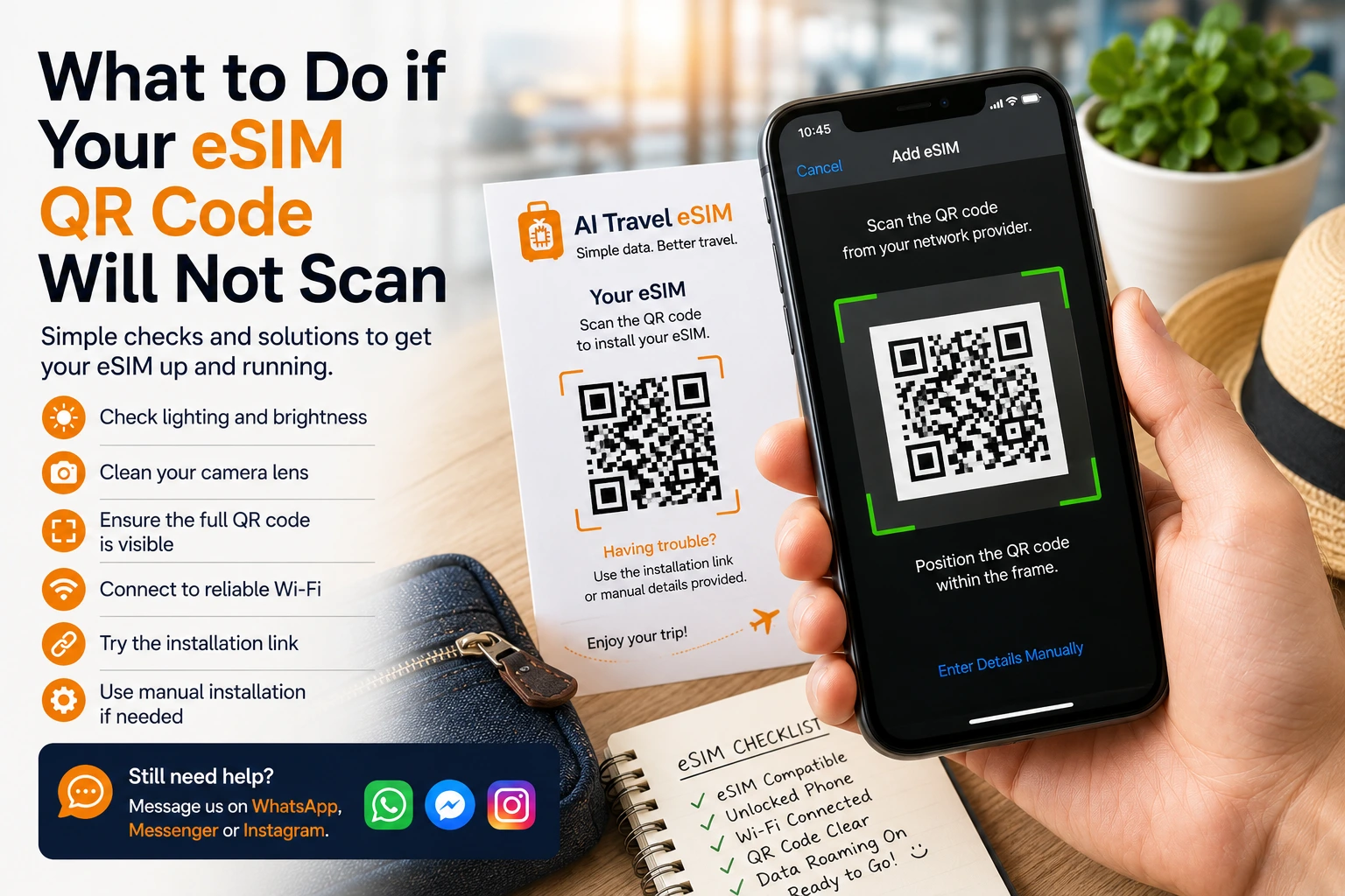Traveller scanning an eSIM QR code on a smartphone before installing travel data
