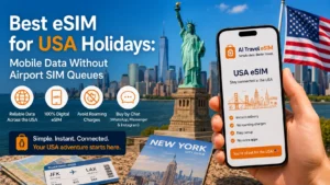 Smartphone showing a USA travel eSIM with New York landmarks in the background